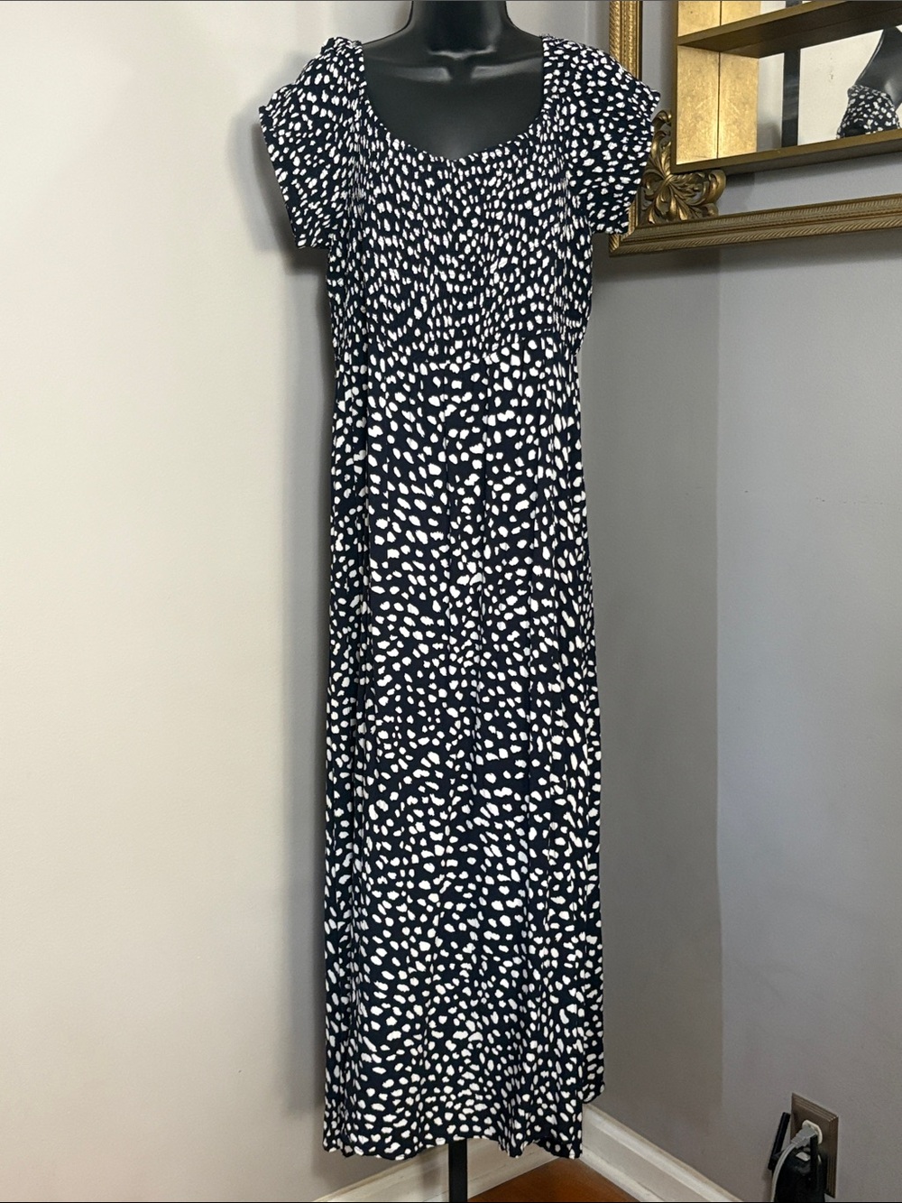 Loralette Size 18 20 Navy Blue and White Speckled Smock Maxi Dress